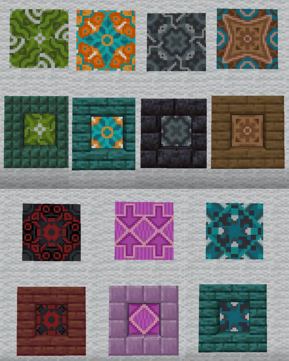 《テラコッタ装飾案》
使いにくい彩釉テラコッタも、階段ブロックで囲むだけで印象が変わります。
右上と下段中央が使いやすくて良さそう。
ーーーーーーーーーーーーーーーーー
#マイクラ建築ストック  #Minecraft