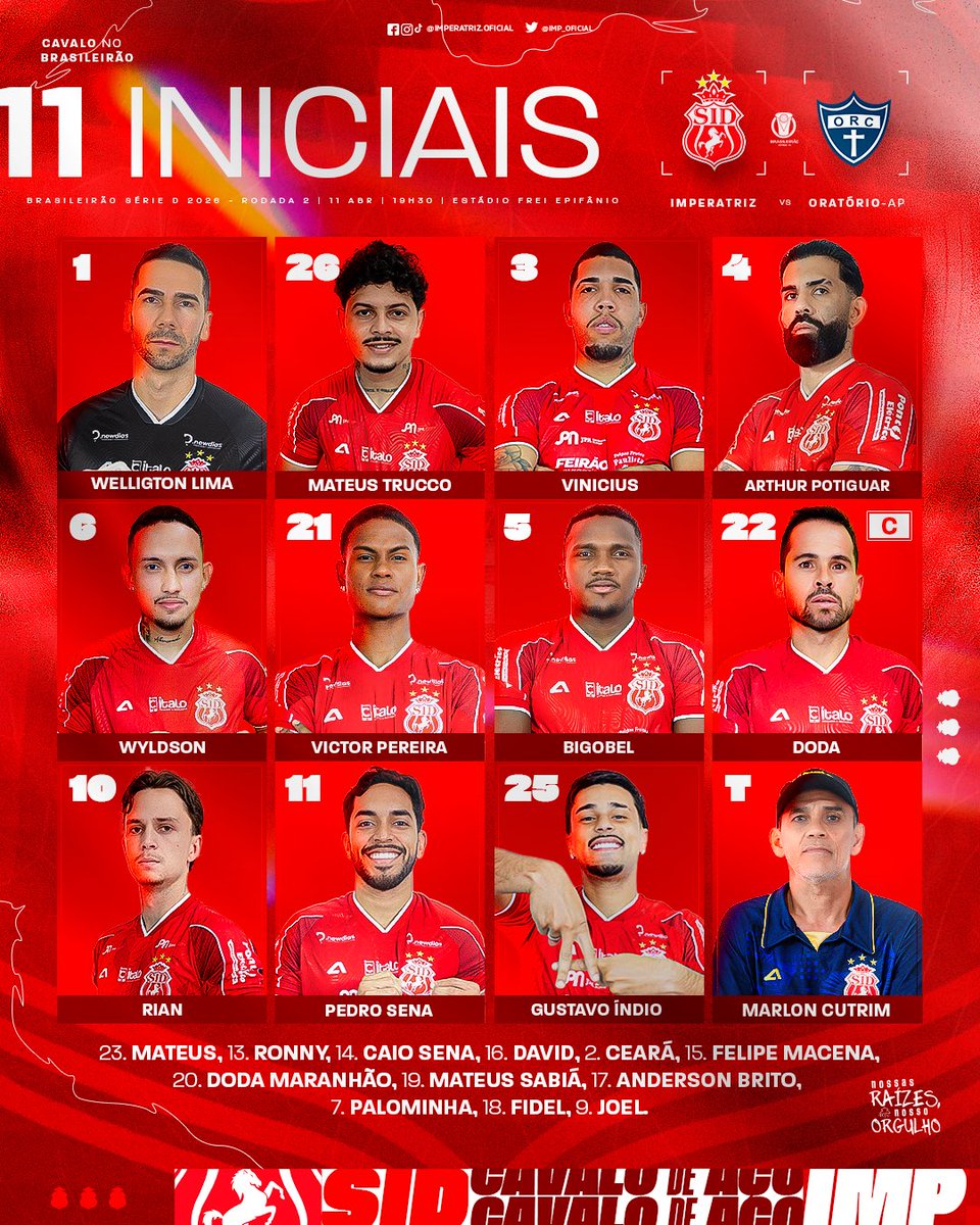 Essa é a escalação definida para a partida diante do Oratório-AP pelo Brasileirão Série D. Pra cima deles, Cavalo! 📋🐎🇮🇩

#Imperatriz #CavalodeAço #NossasRaízesNossoOrgulho #BrasileirãoSérieD  #IMPxORA
