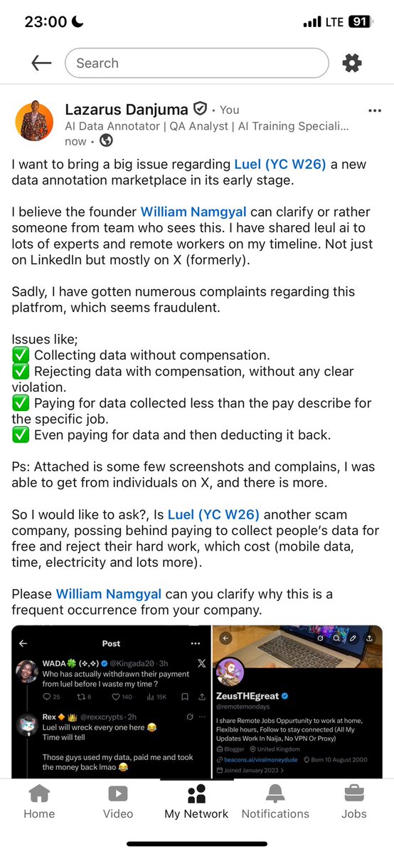 remotemondays's tweet image. I have gotten numerous feedbacks and complains regarding this Leul ai. While some persons, said they received their pay from the platform.

Others complained of no compensation after uploading their data, or a charge back after payment, and even deletion of account with money