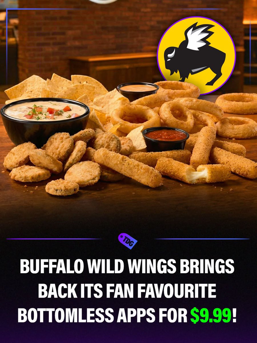 thedealsguy_'s tweet image. 🚨 $9.99 UNLIMITED APPS ARE BACK 😳

Buffalo Wild Wings brought back Bottomless Apps

Unlimited rounds of: mozzarella sticks, onion rings, chips &amp;amp; queso + more

Catch: dine-in only, table usually has to join, 2 at a time w/ refills

These always get packed fast 👀