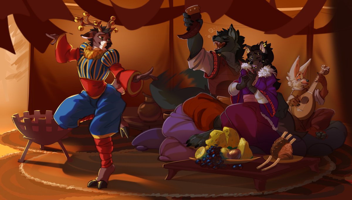 LongFop's tweet photo. Commission for @SiggyWolp featuring @WearyWolf_  and me in the back admiring their personal jester Jager in their cozy nomad tent~ https://t.co/7ntRIFy8Iy