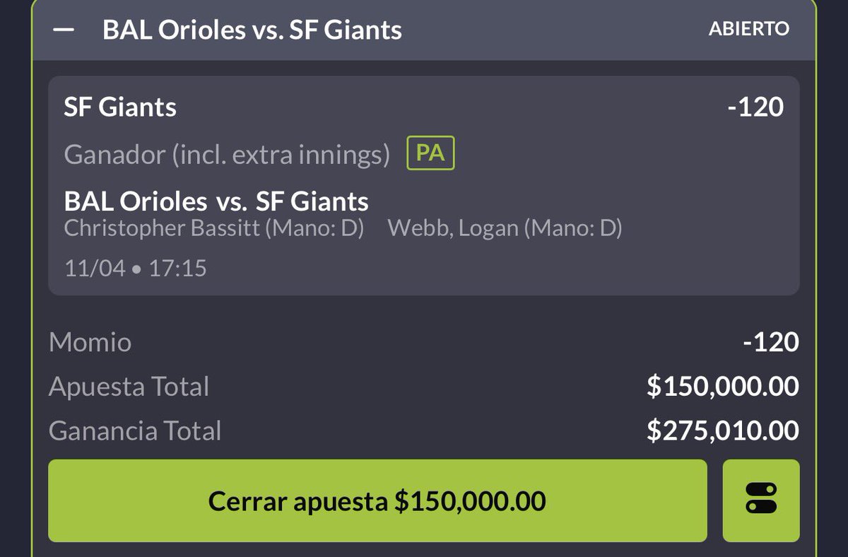 hugowx_'s tweet image. Paso 3 y último del reto gratis $1,600 a $10,000🪜

Paso 1️⃣ Tigers ✅
Paso 2️⃣ Reds ✅
Paso 3️⃣ Giants ⏳

Venimos ganando todo hoy, vamos a coronarlo con los #SFGiants 

Dale al ❤️ si vas conmigooo