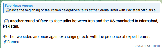 lookner's tweet photo. A third Iranian state media outlet, Fars, echoes the Tasnim report, saying a round of face-to-face talks has ended but the two sides are now "once again exchanging texts with the presence of expert teams" https://t.co/gPtqfDfq8R
