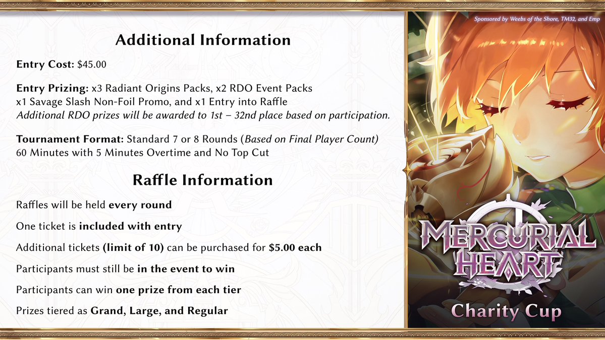 grandarchivetcg's tweet image. Tomorrow April 12th, 2026, is a special event in Rosemead, California!

Take a look at the Mercurial Heart Charity Cup, a fundraiser tournament with prizes, including National Qualifier CPRs for top placing players and plenty of raffles!

Everyone will be playing for a good