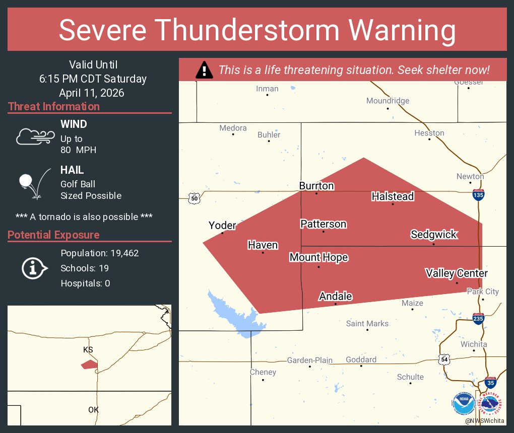 A severe thunderstorm warning has been issued for southwestern Harvey County though 6:15 p.m. Please take precautions.