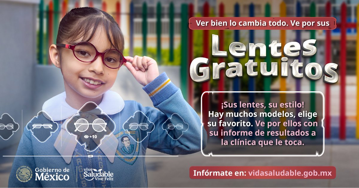 🏫 Niñas y niños de primarias públicas que lo necesitan pueden recibir lentes gratuitos y elegir el modelo que más les guste. 🤓💕

Solo acude a la clínica que les corresponde con el informe de resultados. 👍🏼

Conoce más en: 👉🏼 vidasaludable.gob.mx

#ViveSaludableViveFeliz