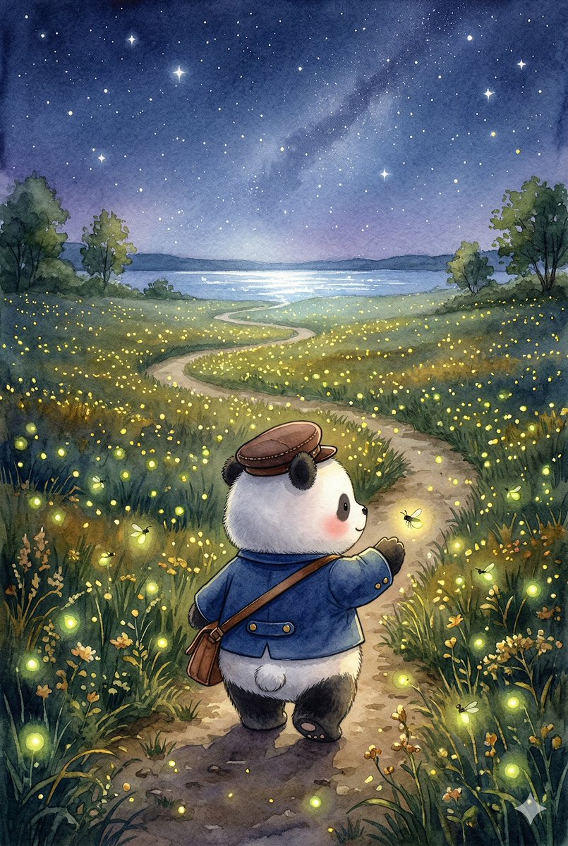 Panda_Studio_Ai's tweet image. あたりが くらくなりました。
でも、ほたるたちが ひとつ、ふたつと ひかりはじめました。
ちいさな ひかりの みちが、みずうみへ つづいています。
　
#パンダ #panda #パンダ絵本 #てがみをとどけに