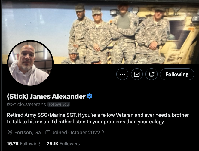 James is one of the most positive Veterans I see here on X. He's always building others up and ALWAYS in the gym! 

Connect with him, you'll be glad you did. 

<a href="/Stick4Veterans/">(Stick) James Alexander</a>