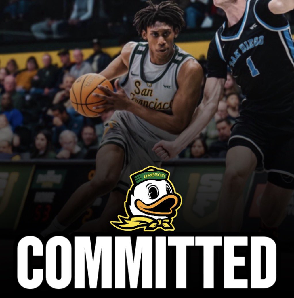 QUAAAACK! San Francisco transfer guard Tyrone Riley has committed to Oregon! 🦆 

Averaged 12.2 PTS, 4.8 REB, 1.2 AST.

Shot 47.2% FG, 36.8% 3PT, and 70.7% FT