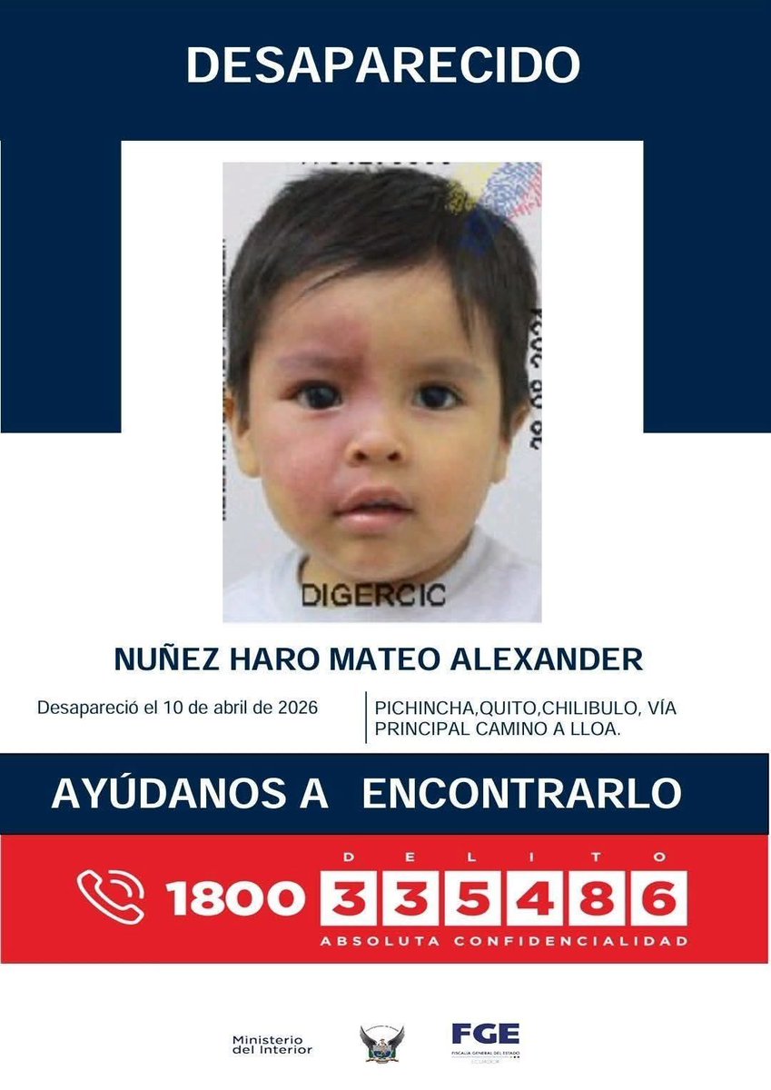 TuMpromedio's tweet photo. #DesaparecidosEcuador | #Pichincha: si tienes información sobre la ubicación de Mateo Alexander Núñez Haro, comunícate de inmediato con las autoridades. Fue visto por última vez el 10 de abril de 2026 en el sector de #Chilibulo, vía principal del camino a #Lloa. https://t.co/ohGxKYZl7w