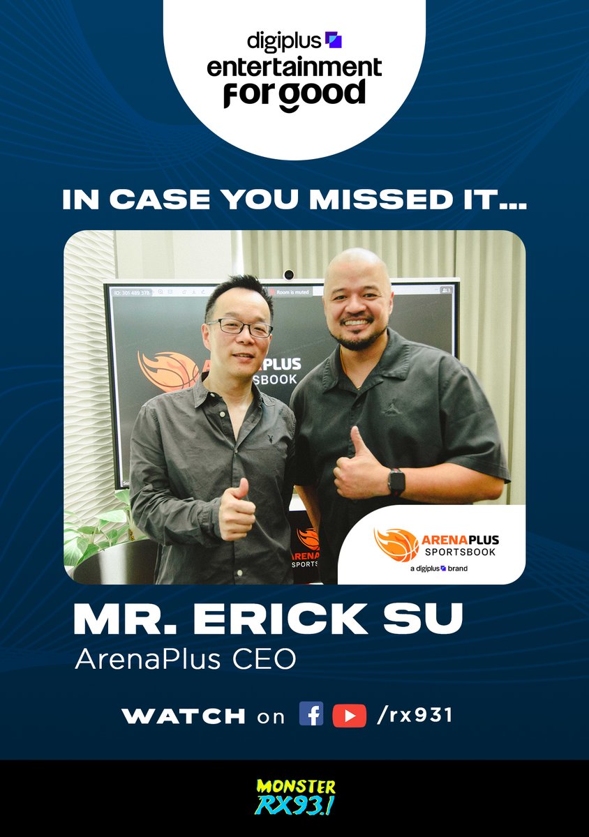 RX931's tweet photo. The ball can take everything! 🏀
Rico had the opportunity to chat with ArenaPlus CEO Mr. Erick Su about the NBA partnership and the NBA Playoffs MVP campaign of #ArenaPlusPH ⛹️
Watch the full #MonsterExclusive interview to learn more about the NBA Playoffs and more! ✨ #RX931 https://t.co/puqX6tFLeu