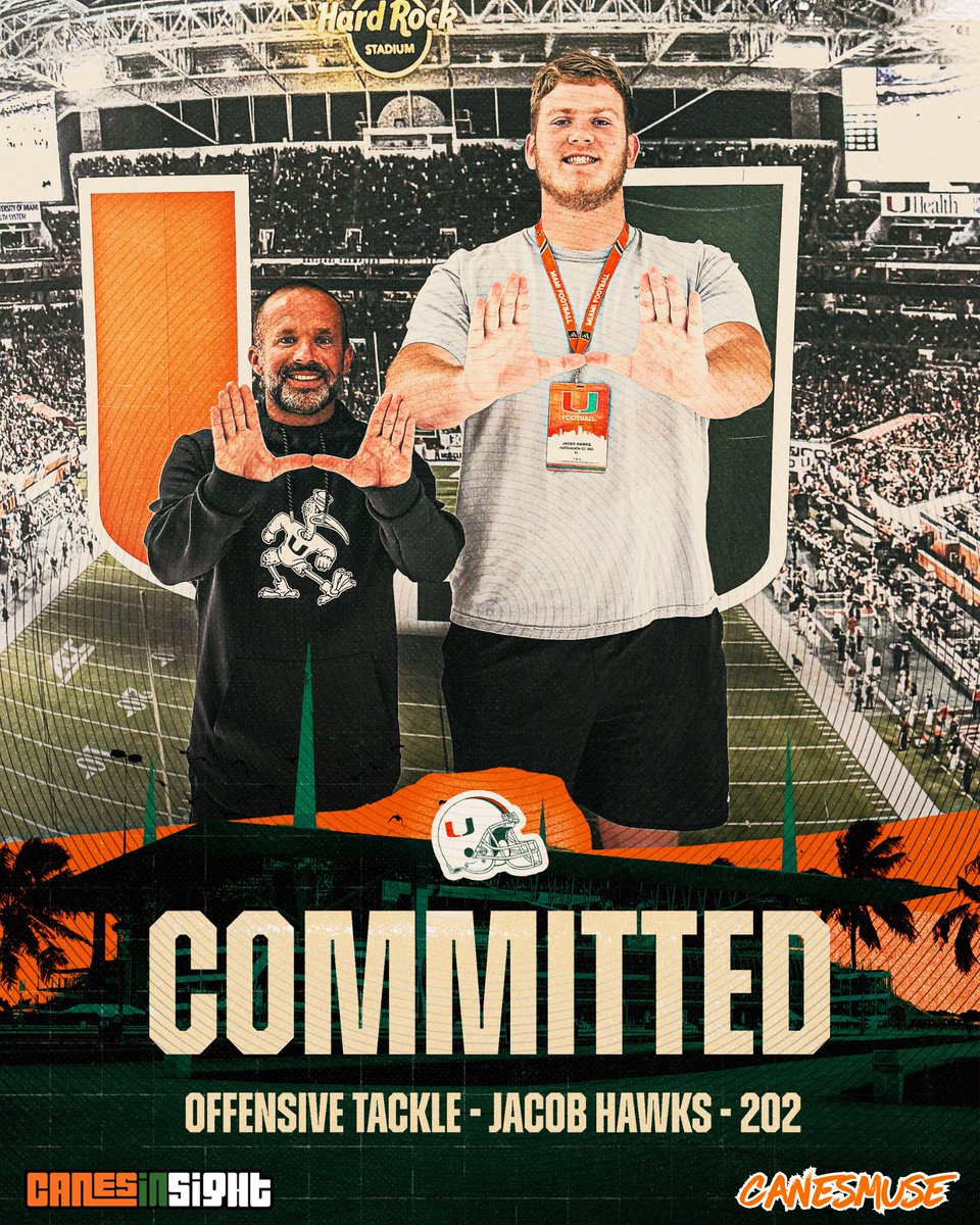 BREAKING: JUCO OT Jacob Hawks has committed to Miami. 

The 6’9 335 tackle will have 3 years of eligibility.