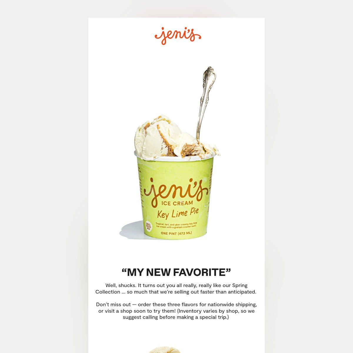 emaillove's tweet image. The monochromatic palette in Jeni’s flavor-return announcement creates visual drama, matching the product's allure. With tight copy and a powerful hero shot, they prove that simplicity and strong photography win over busy emails. 🍦 #VisualDrama #LessIsMore