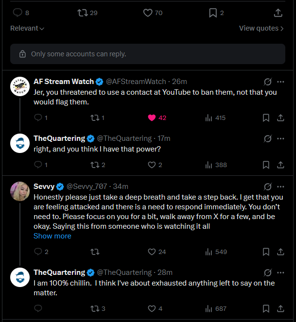 Today, cuckold <a href="/TheQuartering/">TheQuartering</a> is denying having a contact at YouTube to get Kino Casino banned, even though just a few days ago he was telling Josh Moon in DMs he did, in fact, have a "nonpajeet YT rep" and he just had to make "one phone call" to get rid of them.