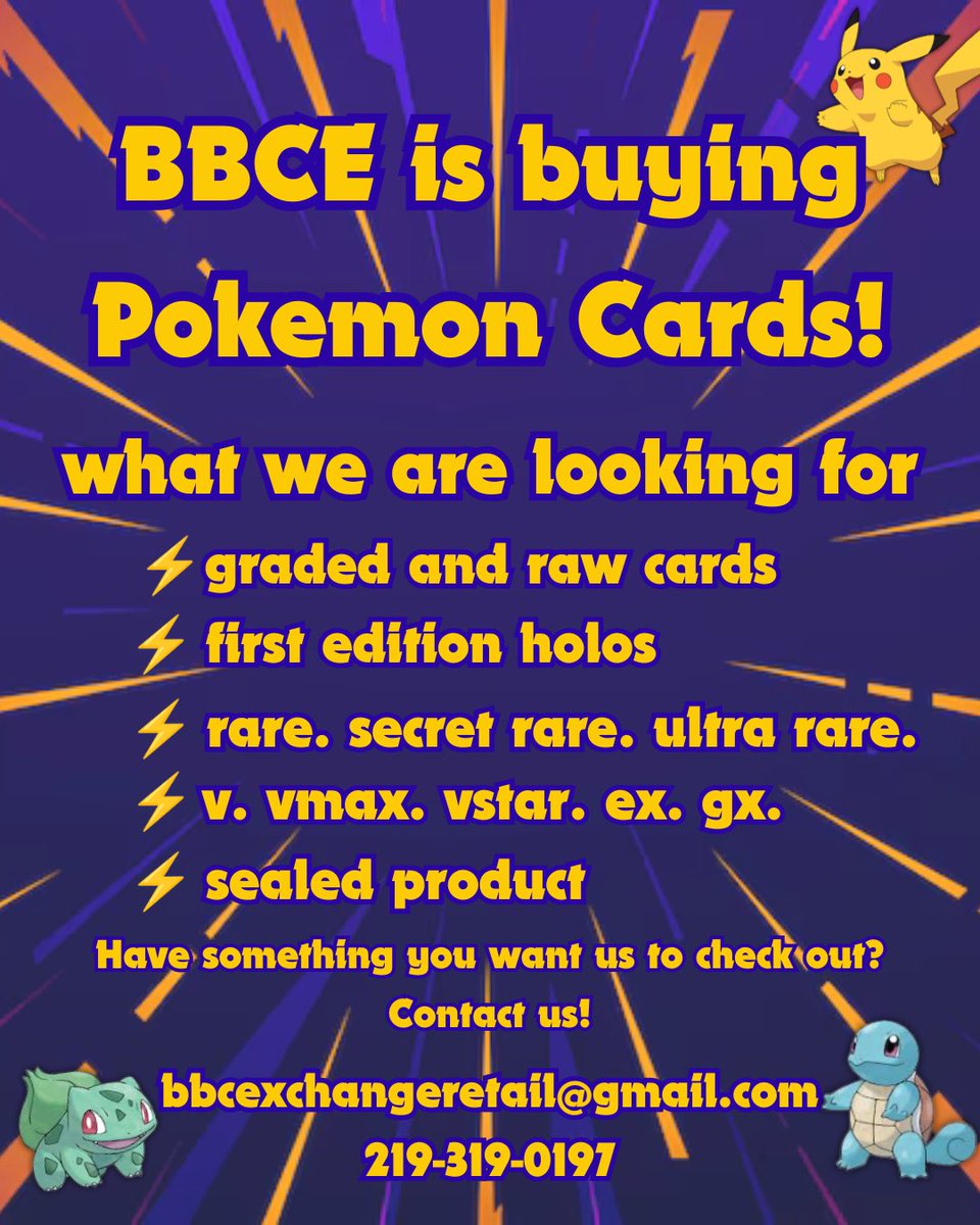 BBCExchange's tweet image. ⚡️ WE’RE BUYING POKÉMON ⚡️
Graded. Raw. Sealed.  Bring the heat 🔥
Got cards sitting? We’re paying 💰
Contact us or stop in the shop🤝
#pokemoncards #pokemontcg #cardcollecting #tradingcards #buyingcards