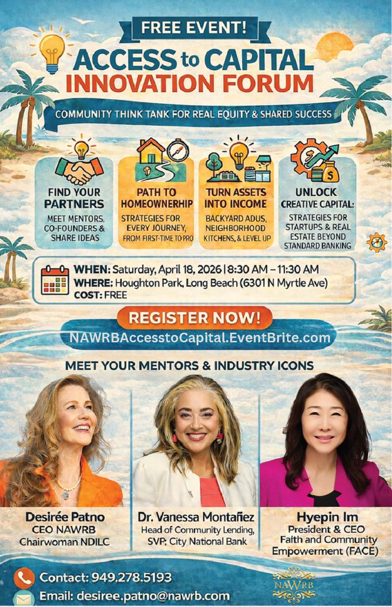 NAWRB's tweet photo. Access to capital is not just about money.

It’s about skills, services, relationships, ideas, trust — and what people build together.

Join us in Long Beach on April 18 for the Access to Capital – Innovation Forum.

Free event:
https://t.co/kBBvTIhgo0 https://t.co/4yAx2KVqq3