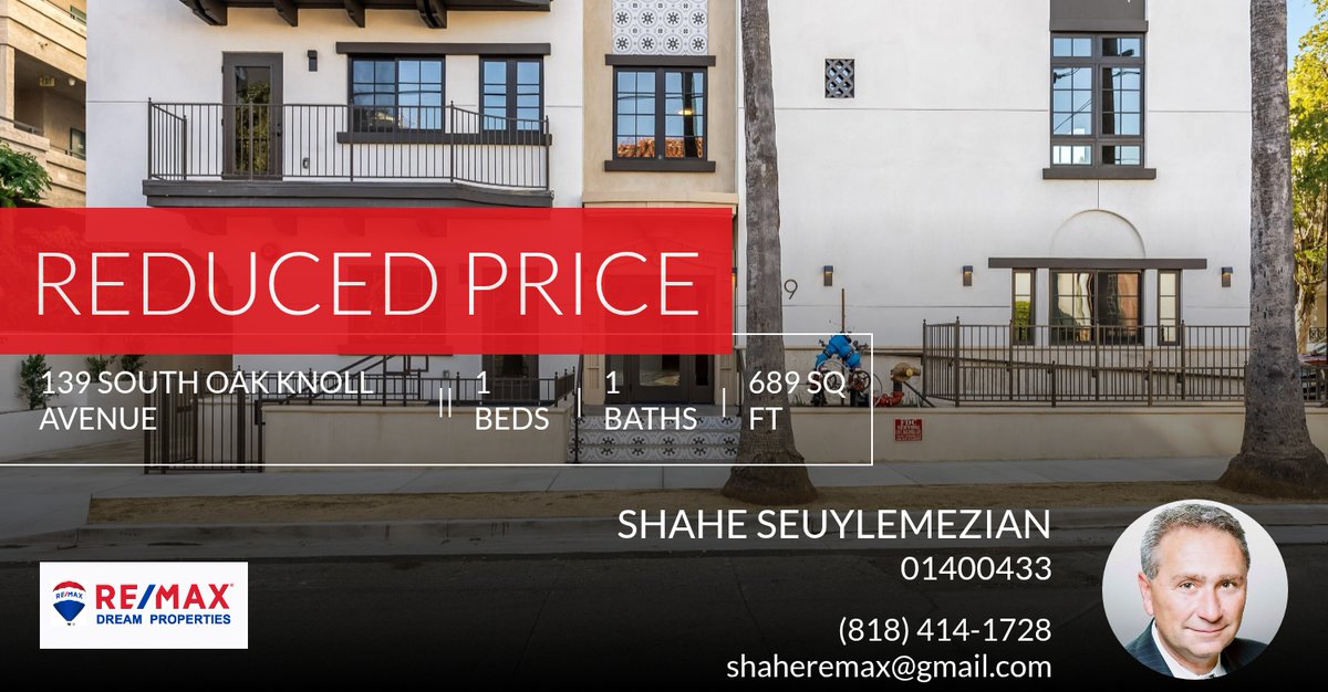 shaherealtor's tweet photo. 📍 Reduced Price 📍 This recently reduced home at 139 South Oak Knoll Avenue 102 in Pasadena won't last long, so, don't wait to set up a showing! Reach out here or at (818) 414-1728 for more information!

Shahe Seuylemezian
Broker ... https://t.co/s68AhwRPlU https://t.co/n1OvVsMBhK