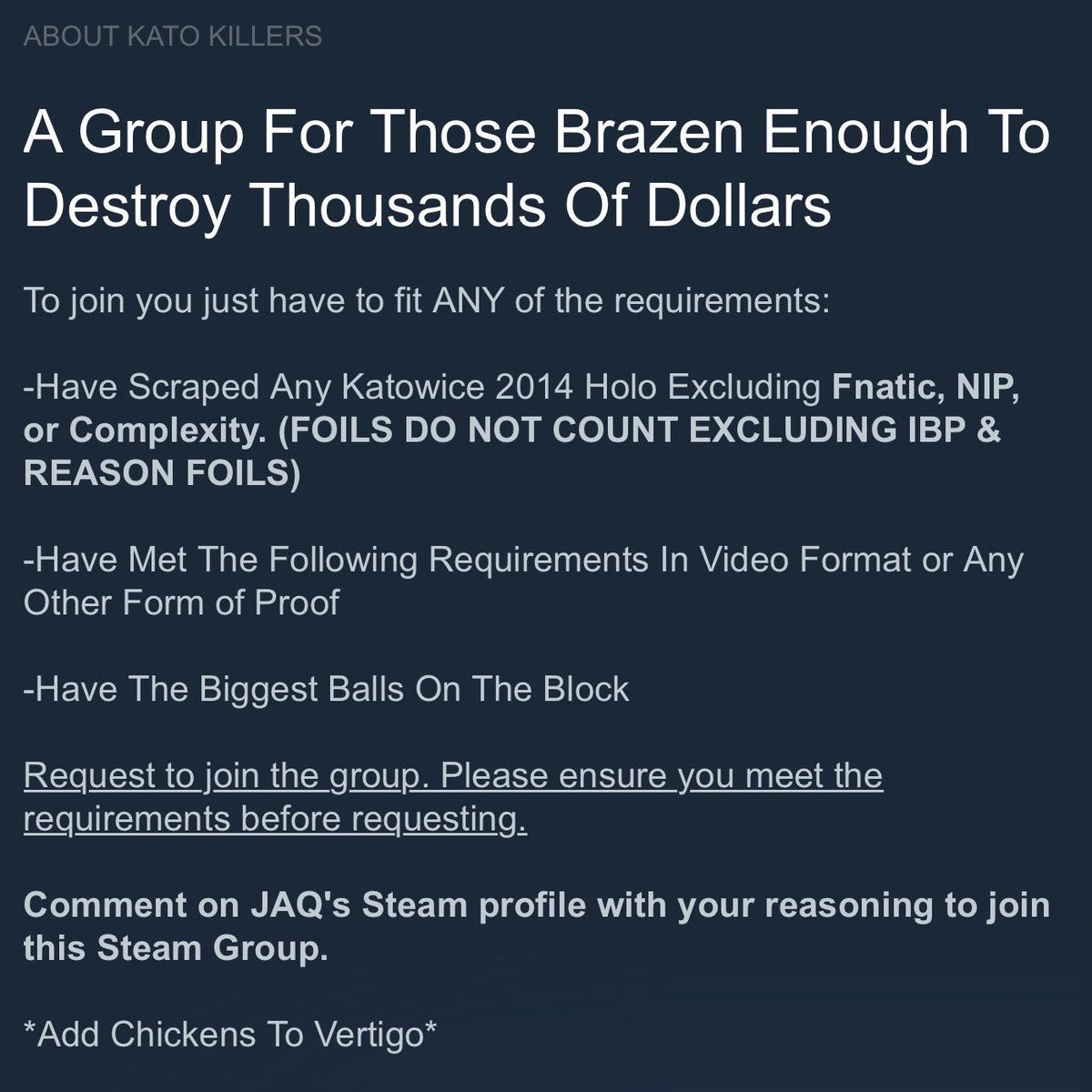 SodaSkins's tweet image. There is a Steam group for CS2 Players called “Kato Killers”

The only way to be accepted is to delete / scrape a Kato 14 Holo sticker costing $5,000 - $150,000

After accidentally deleting $200,000 in Kato 14 sticker value, he’s officially part of the group 🥲 (@AstroooCs)