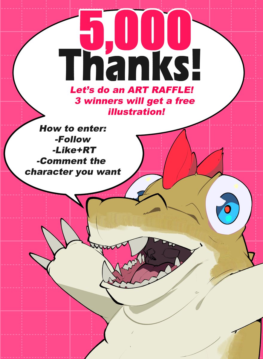 ART RAFFLE  5K FOLLOWERS !🐊
To celebrate, I’m giving away 3 prizes:

1st Place: Fully color illustration of 1 character + background
2nd Place: Colored sketch
3rd Place: sketch
How to enter:
-Follow
- like/rt
- coment
Ends may 5

#ArtRaffle  #5KFollower #ArtGiveaway #Raffle