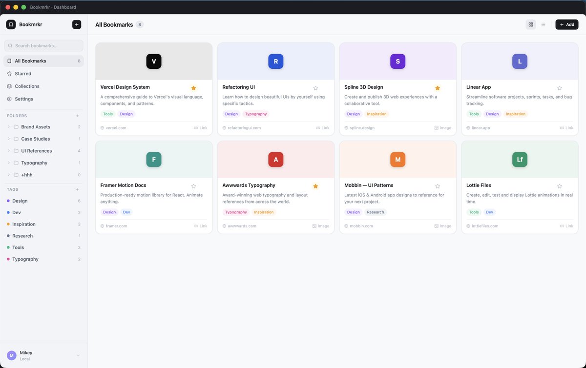 Building a desktop bookmarking app where I can store all of my resources, references, sources of inspiration and bookmarks instead of having them scattered across different browsers, different apps and different note-taking apps. 

Building with <a href="/antigravity/">Google Antigravity</a> and <a href="/claudeai/">Claude</a> code.