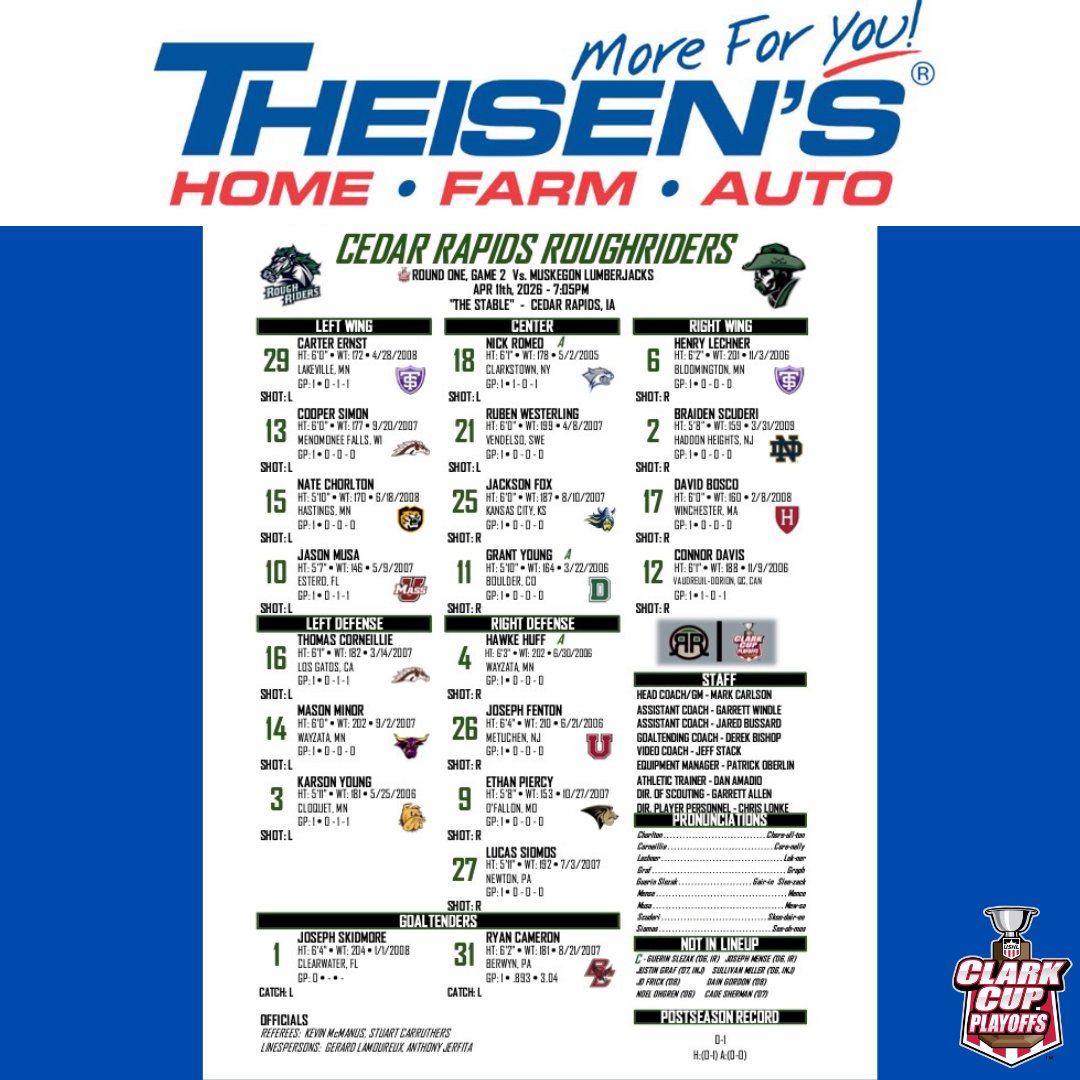 RidertownUSA's tweet image. Tonight's @theisenstores lineup for game✌️against the Muskegon Lumberjacks!

#LetsRide