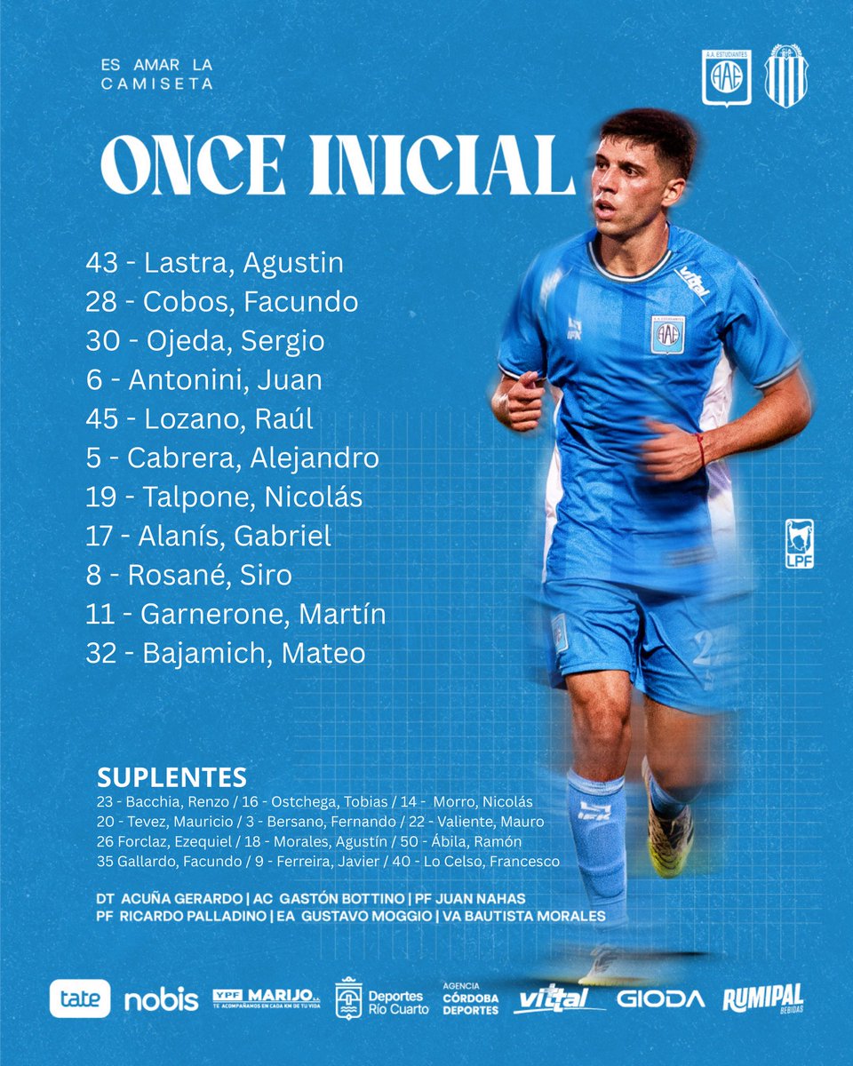 EstudiantesRio4's tweet photo. 𝐅𝐎𝐑𝐌𝐀𝐂𝐈𝐎́𝐍 || TITULARES 🆚 Barracas Central 

⚽️#Fecha14 | 𝙇𝙞𝙜𝙖 𝙋𝙧𝙤𝙛𝙚𝙨𝙞𝙤𝙣𝙖𝙡 𝙙𝙚 𝙁𝙪𝙩𝙗𝙤𝙡

Estos son los elegidos por Gerardo Acuña para disputar el encuentro de la decimocuarta fecha del torneo apertura de la Liga Profesional de Futbol 2026.

#SomosLaCiudad #EstudiantesRC