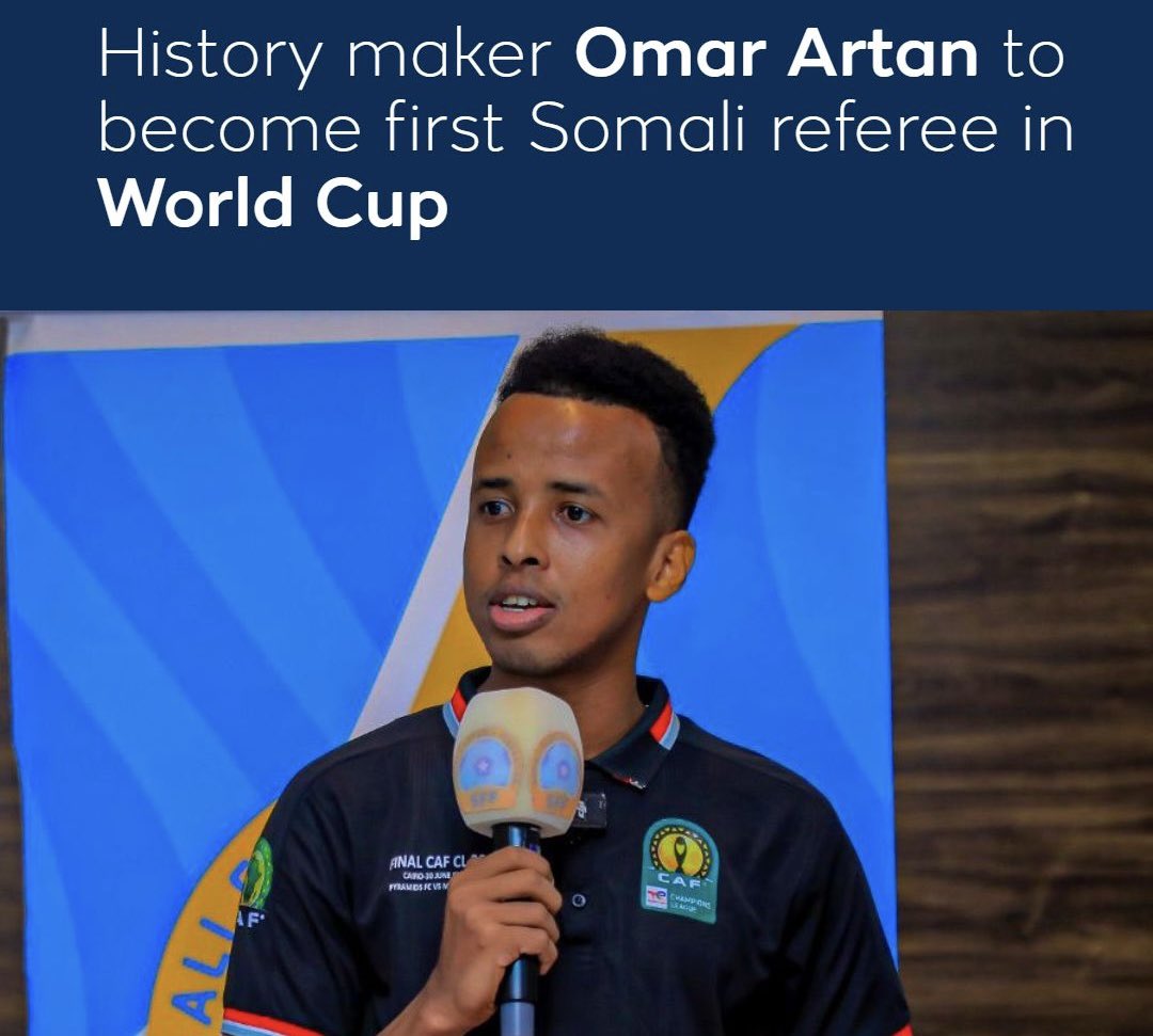Yaas4karim's tweet photo. A proud moment for us as Somalis.🇸🇴
The reigning CAF Referee of the Year has earned his place on the biggest stage. We stand with him and celebrate this achievement together. @Ref_Artan 👏🏾
#fifa #worldcup #football #refree #africa #somalia https://t.co/KHsR9S3bbD