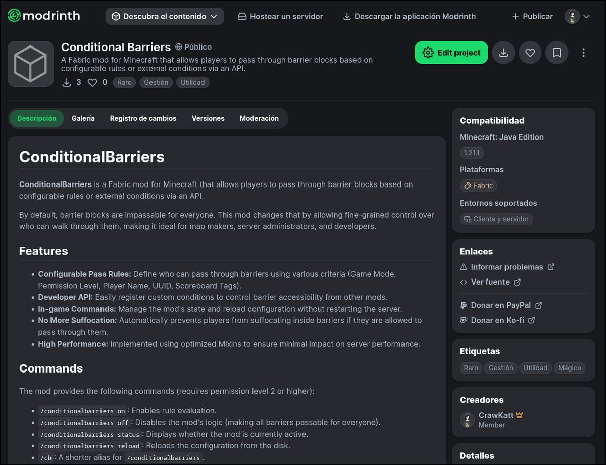 Luego de 2 semanas finalmente mi nuevo Mod ha sido aprobado. Este es un Mod que permite y bloquea el paso de los jugadores a través de las barriers, convirtiéndolas en puertas lógicas. Ideal para eventos y minijuegos. También posee su propia API para controlar las condiciones