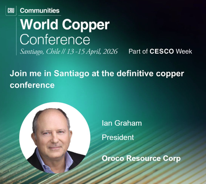 OrocoCorp's tweet image. Ian Graham will be attending the World Copper Conference 2026 in Santiago during #CESCOWeek.

A global forum focused on supply, demand, and bringing new copper capacity online and a relevant backdrop as $OCO advances Santo Tomás.

Register here: events.crugroup.com/copper/home

$ORRCF