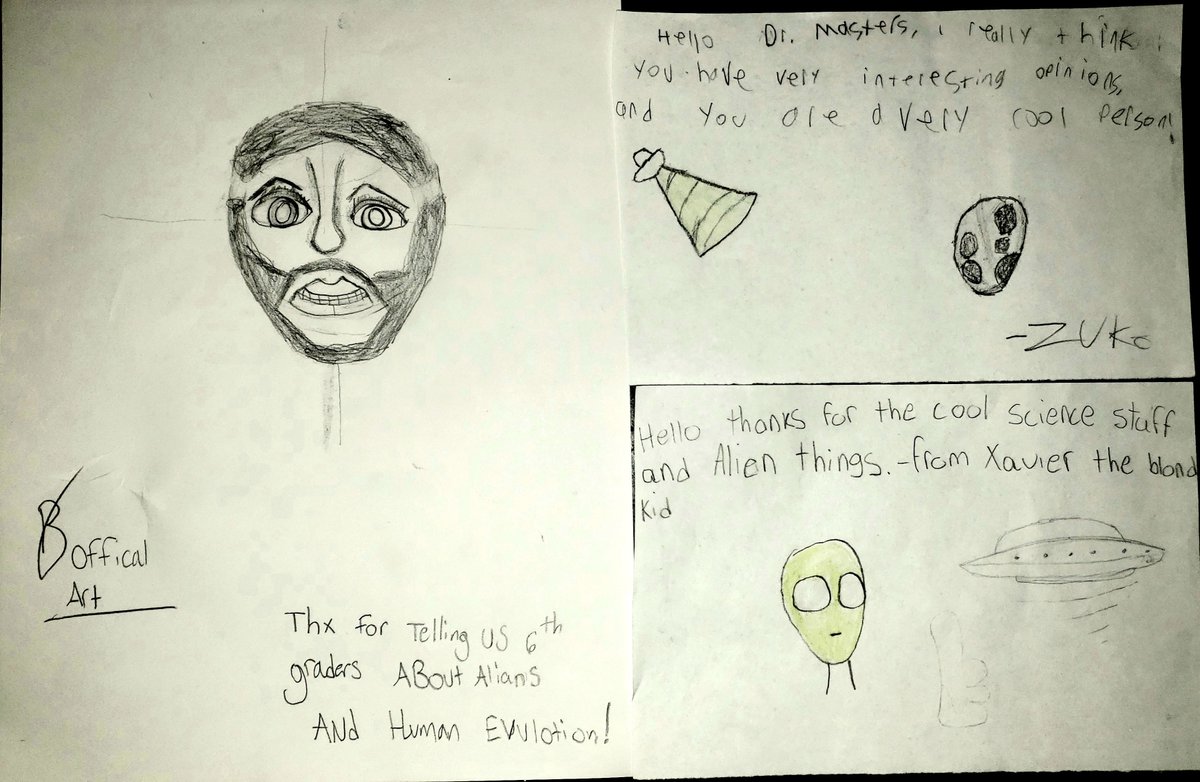 MorphoTime's tweet image. I was recently invited to give a talk about UFOs &amp;amp; human evolution to ~50 highly engaged 6th-graders at Kennedy Elementary in Butte MT, and a week or so after got these sweet notes in the mail from a few of them. Stay curious tiny humans! 
#UFOs #Aliens #UFOx