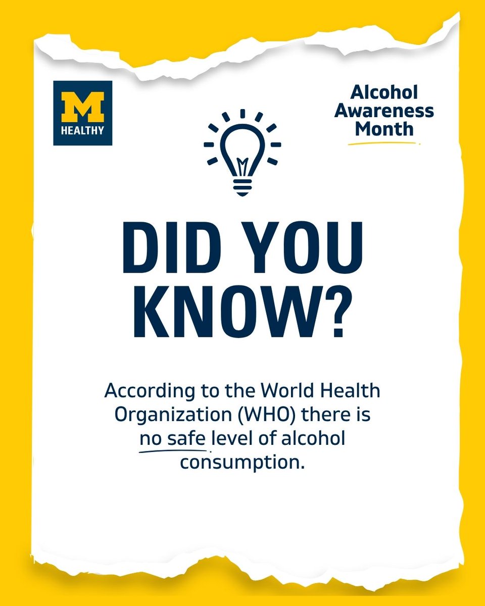 UMMHealthy's tweet image. April is Alcohol Awareness Month. Did you know that according to the World Health Organization, there is no safe level of alcohol use? Protect your health by drinking less. Learn more about MHealthy's Alcohol Management Program: mhealthy.umich.edu/alcohol #DrinkLess