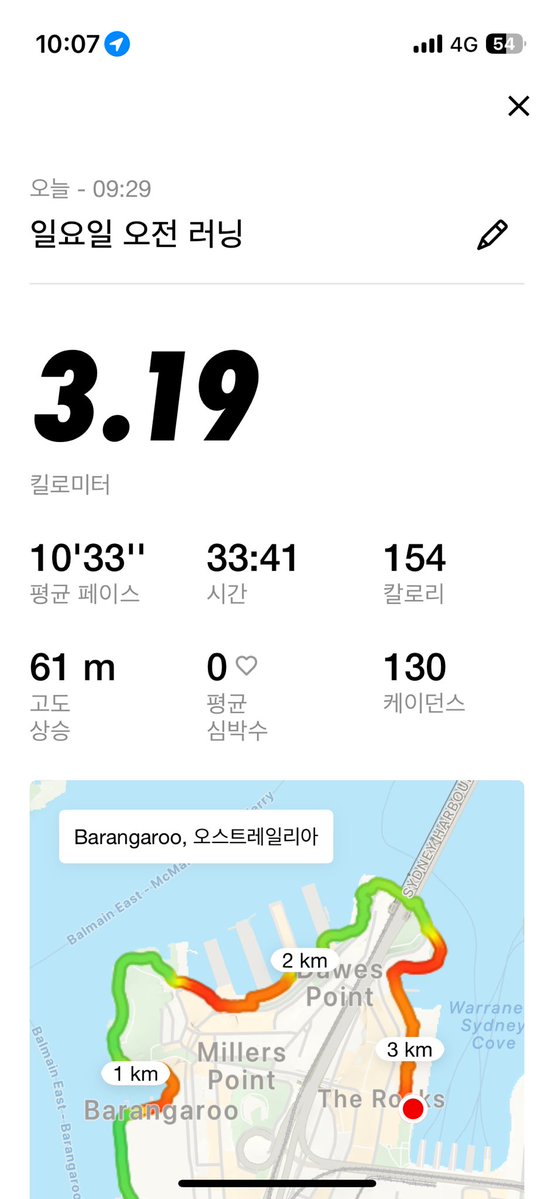 운동 싫어하는데 시드니 와서 처음 러닝함.. 왜 러닝하는 사람이 많은지 이해갔어 너무 상쾌하고 행복함 흐앙 경치가 사기야