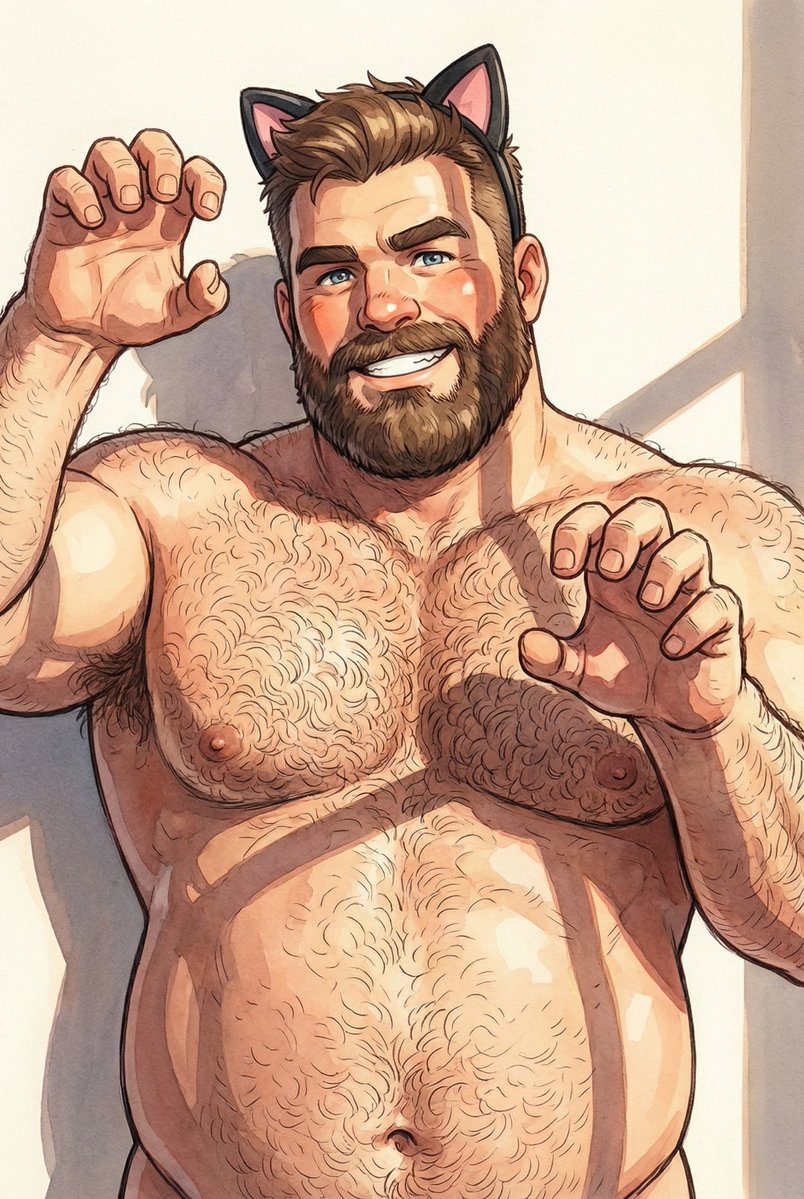 BakaAda98's tweet image. Rawr? 🐈‍⬛ Or just a very large meow? Me-wow. 

#AIart #BearArt #Bara #MuscleMen
