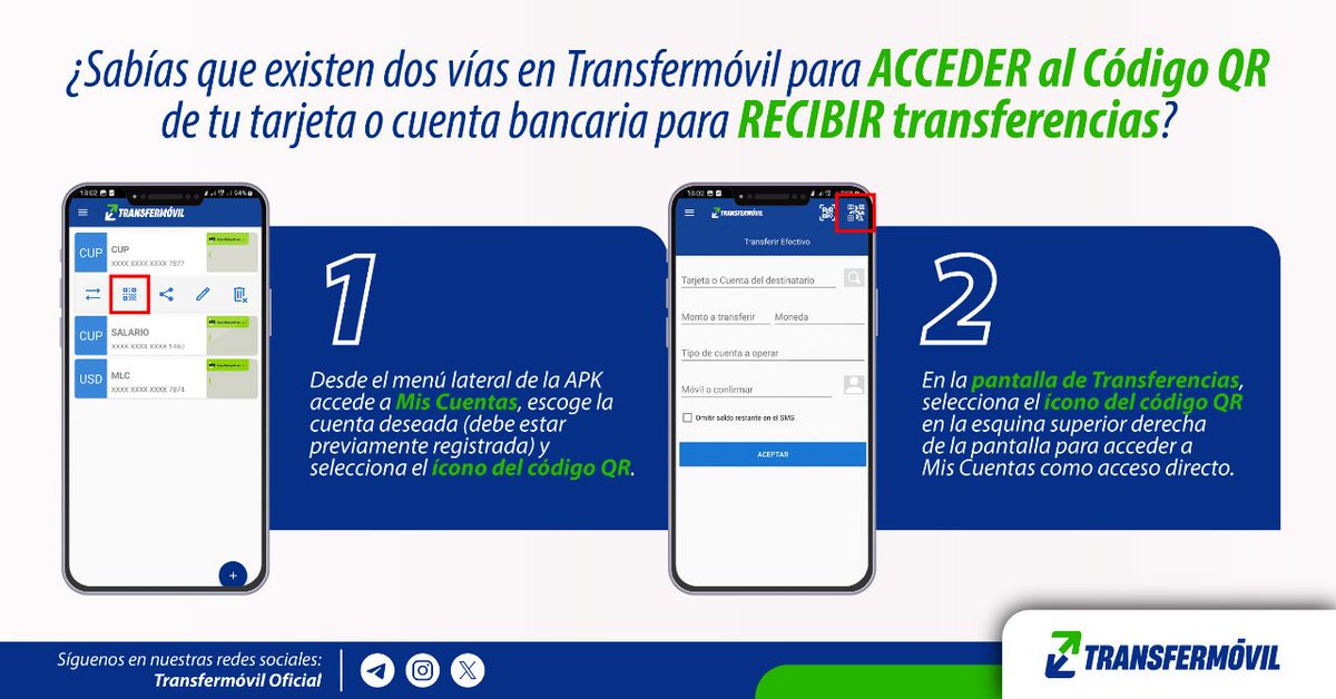 🔑💳 ¿Quieres recibir transferencias más fácil? 🤔
👉Con #Transfermóvil tienes 2 vías para acceder al QR de tu cuenta.  
¡Rápido, seguro y directo! 🚀📲  
#ConsejoÚtil 😉