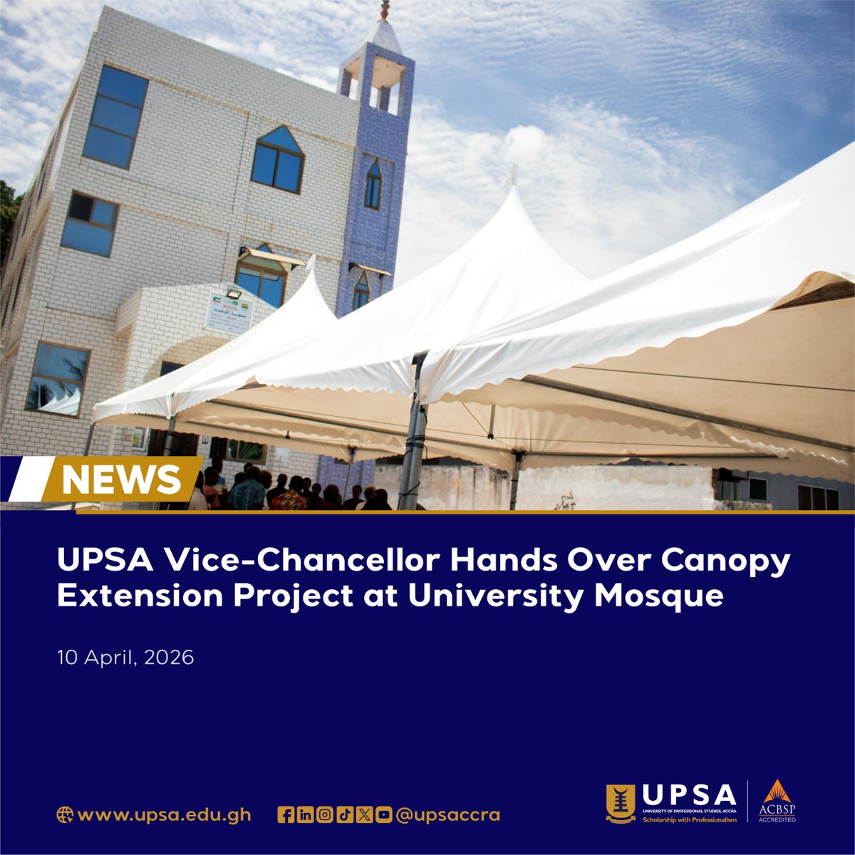 upsaccra's tweet photo. The University of Professional Studies, Accra officially handed over a canopy extension to the University Mosque, enhancing prayer space comfort.
#UPSA #UPSA60 #StudentWelfare #InclusiveCampus https://t.co/j5sHR7BxAq