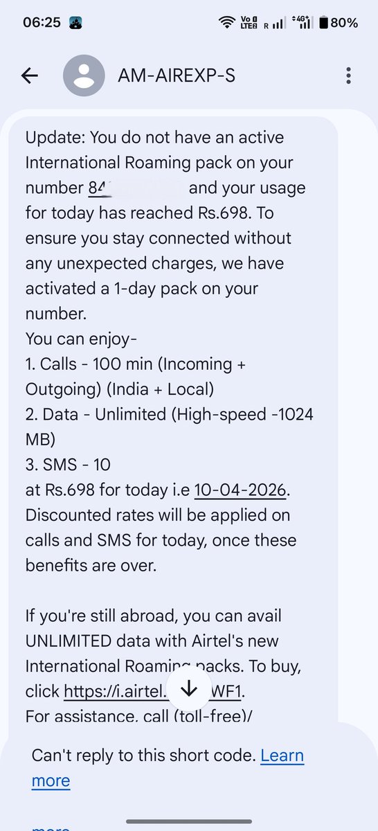 Deepanshuraj07's tweet photo. This is extremely disappointing. I did NOT activate any international roaming pack, yet ₹698 has been charged and a 1-day pack is auto-activated on my number without consent while I’m abroad.
@Airtel_Presence @airtelindia @airtelnews https://t.co/NcDACCsttw
