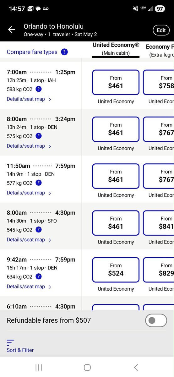 ASideOfGinger's tweet photo. @united how is this right??? Husband and I are looking at flights at the same time. All info is the exact same but his prices are almost $100 more. Why? And he has credits to use but why bother if they only help bring the price down to normal? https://t.co/8ap5B4rs0Q