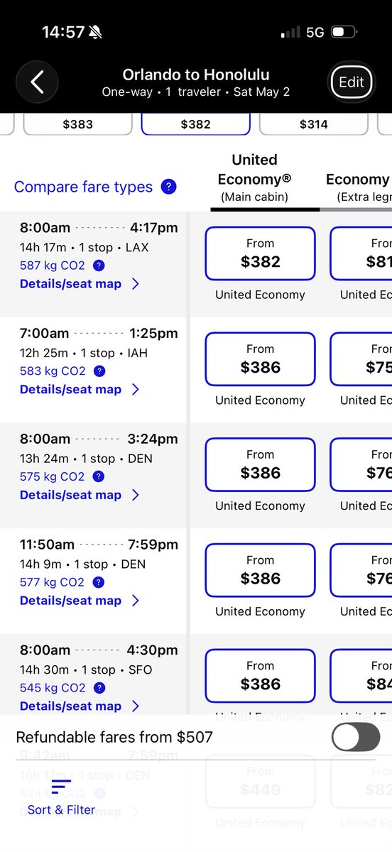 ASideOfGinger's tweet photo. @united how is this right??? Husband and I are looking at flights at the same time. All info is the exact same but his prices are almost $100 more. Why? And he has credits to use but why bother if they only help bring the price down to normal? https://t.co/8ap5B4rs0Q