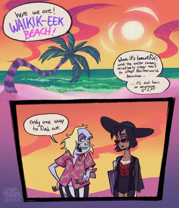 thought i'd share two finished pages of my toonverse beach comic that i was working on last year to kick myself into finishing the whole thing. it's several pages long and you can find tons of WIPs at the secret club! astrid is a menace towards beetlejuice, lydia doesn't approve 