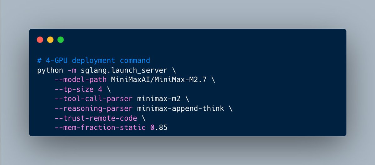 lmsysorg's tweet image. 🎉 Congrats on releasing MiniMax M2.7 from @MiniMax_AI, the first model deeply participating in its own evolution. Day-0 support is now live in SGLang!
🤖 Model self-evolution: autonomously optimized a scaffold over 100+ rounds with 30% performance gain
🏆 MLE Bench Lite: 66.6%