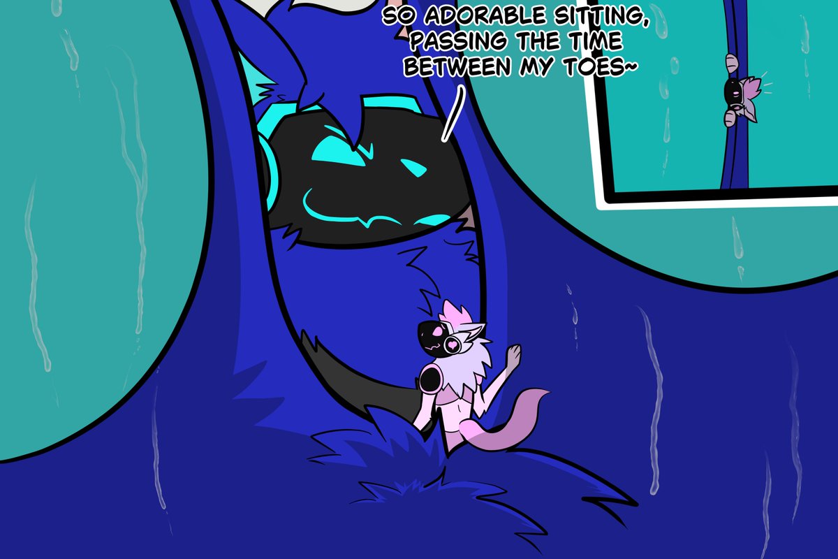 NeoAzureProto's tweet image. Art by: @SolaceLunis 
Tiny Proot: @smoltoasterAD 
So adorable sitting, passing the time between my toes~
**Squishhhhh~!**
#macrofurry
#paws
#protogen