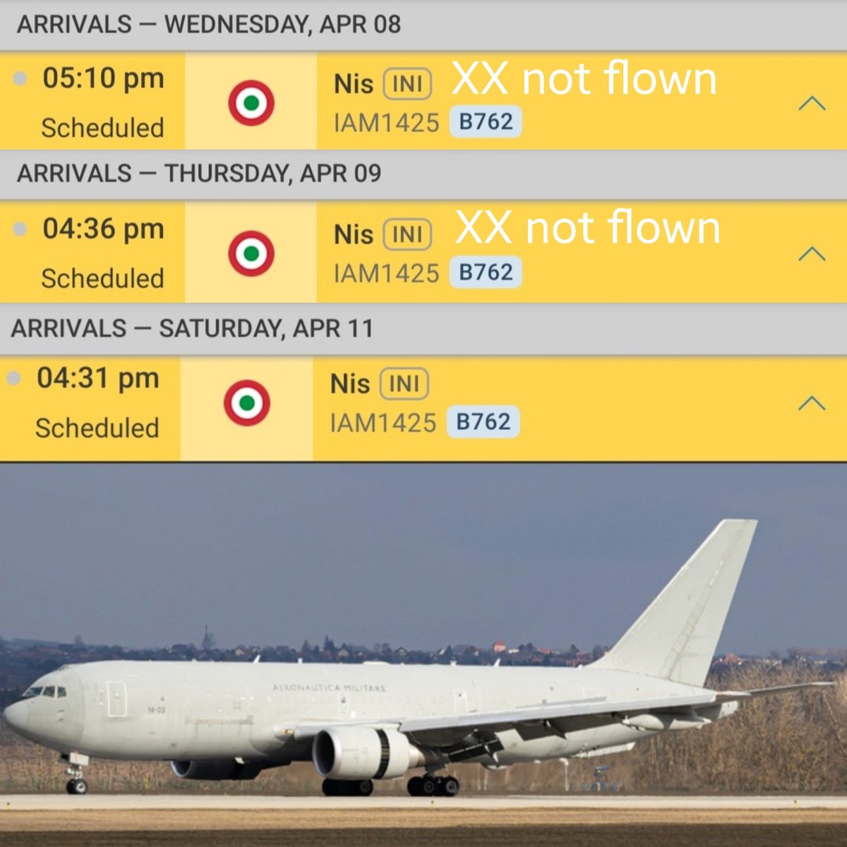 LebanonJets's tweet photo. 15th #Italy AirForce KC767 this year schedueled twice earlier in the week though journey not made. #MM62228 #33FE77 as #IAM1425 departed Pomezia to Nis (Serbia) then Beirut & back to Pomezia
#UNIFIL troops (as of Mar30) Serbia 168, Italy 754 https://t.co/ntBGJSz1wX