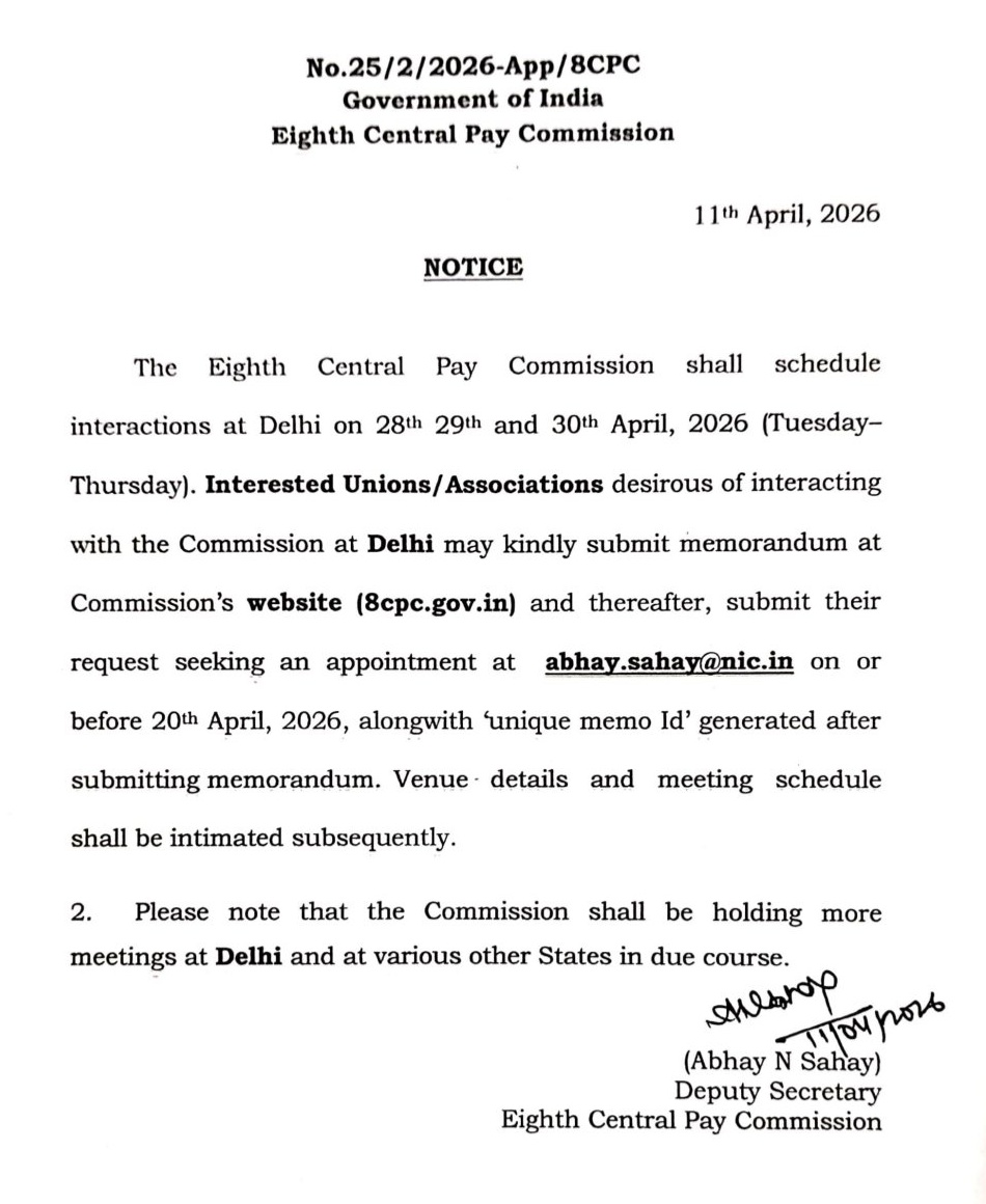 📢 8th CPC Official Visit No. 2 &amp; 3 !! 
The Eighth Central Pay Commission will visit Delhi (28–30 April) and Pune (4–5 May 2026). Unions and Stakeholders/can submit memorandums and request meetings before 20 April. More visits, including Mumbai, coming soon. 
#8thpaycommission