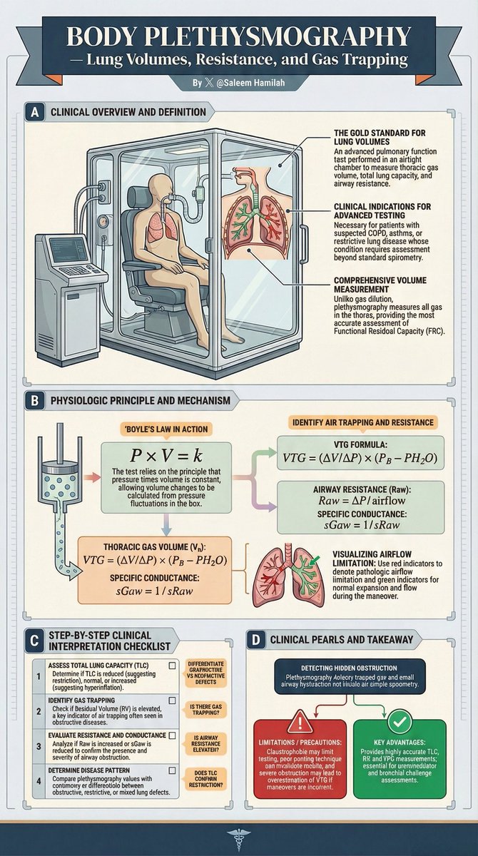 SaleemHamilah's tweet image. 🫁 Body Plethysmography:
🔹 ⭐ Key Clinical Takeaways
✅️Gold standard for lung volumes
✅️Measures what spirometry cannot
✅️Essential in:
           🔷️COPD
           🔷️Complex lung disease
           🔷️Provides comprehensive lung mechanics

 #respiratorytherapist