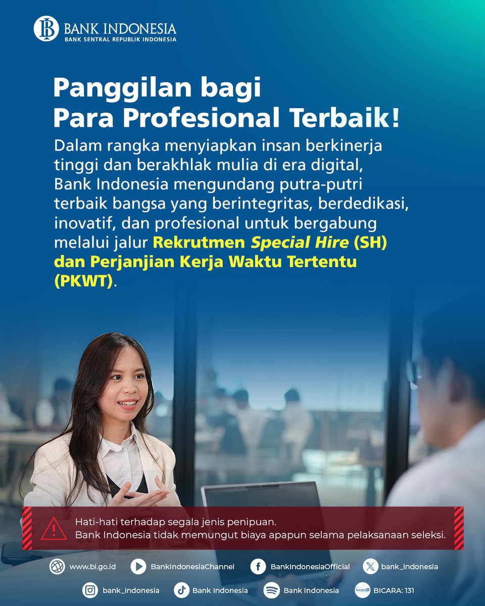 karirspace's tweet image. Bank Indonesia #hiring special hire &amp;amp; PKWT tahun 2026.

Pendaftaran start hari ini s.d 17 April.
- Special Hire : rekrutmen-bi.id/specialhire2026
- PKWT: rekrutmen-bi.id/pkwt2026

Detail lowongan terlampir ⤵️