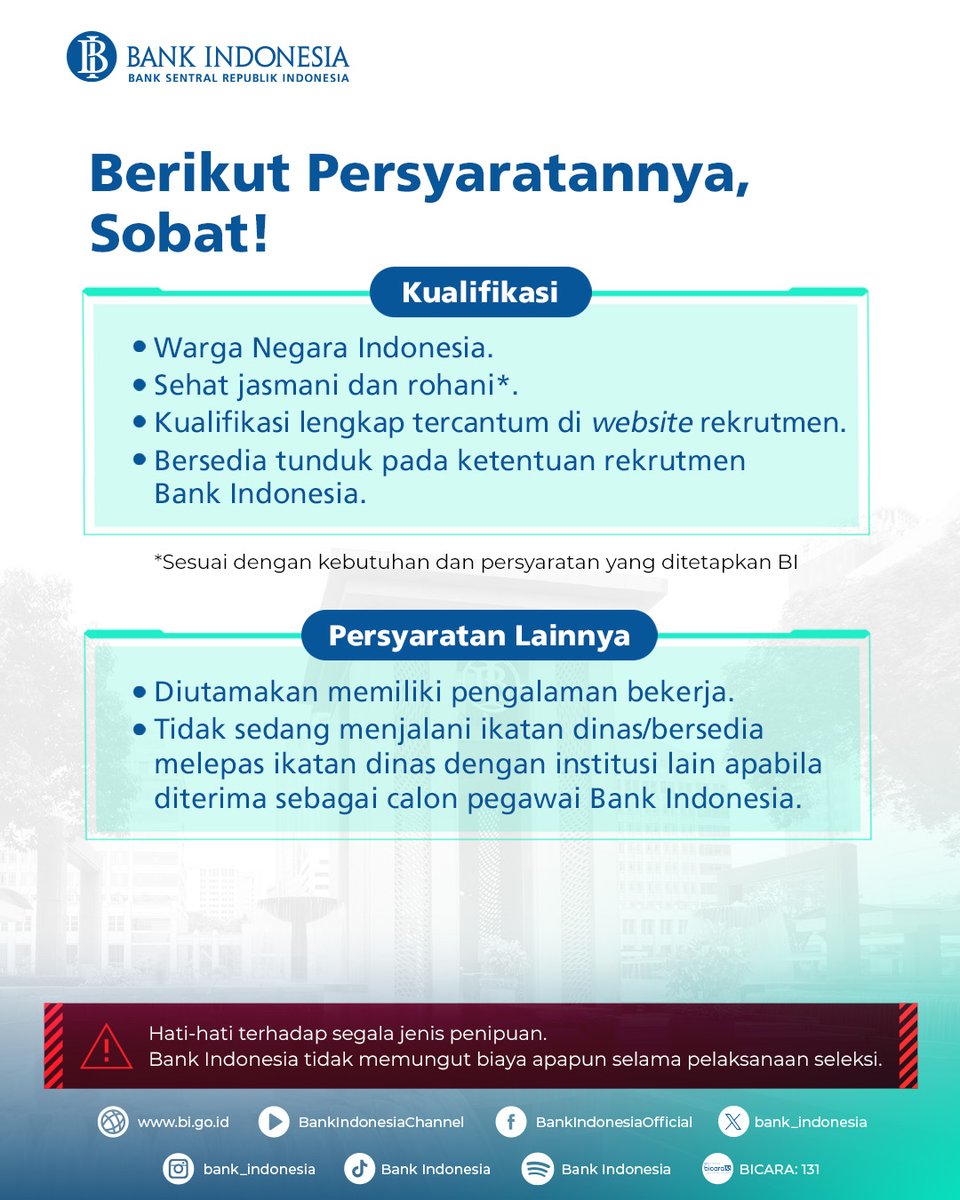 karirspace's tweet image. Bank Indonesia #hiring special hire &amp;amp; PKWT tahun 2026.

Pendaftaran start hari ini s.d 17 April.
- Special Hire : rekrutmen-bi.id/specialhire2026
- PKWT: rekrutmen-bi.id/pkwt2026

Detail lowongan terlampir ⤵️