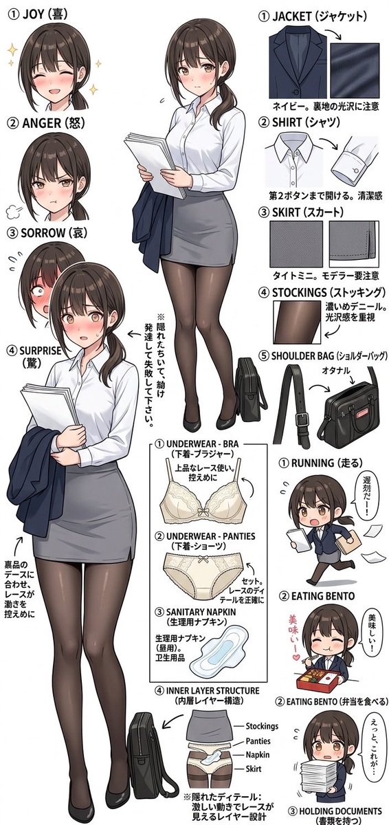 illust_gallery's tweet image. 真面目なOLさんの日常と、彼女の「秘密」。
見えないところまでこだわった、詳細な設定資料です！
コロコロ変わる表情や、衣装の構造、ミニキャラのドタバタ感まで。ぜひ細部まで見てください。
彼女のすべては、続きのリプライで…👇

#AIart #AIイラスト #OL #設定資料