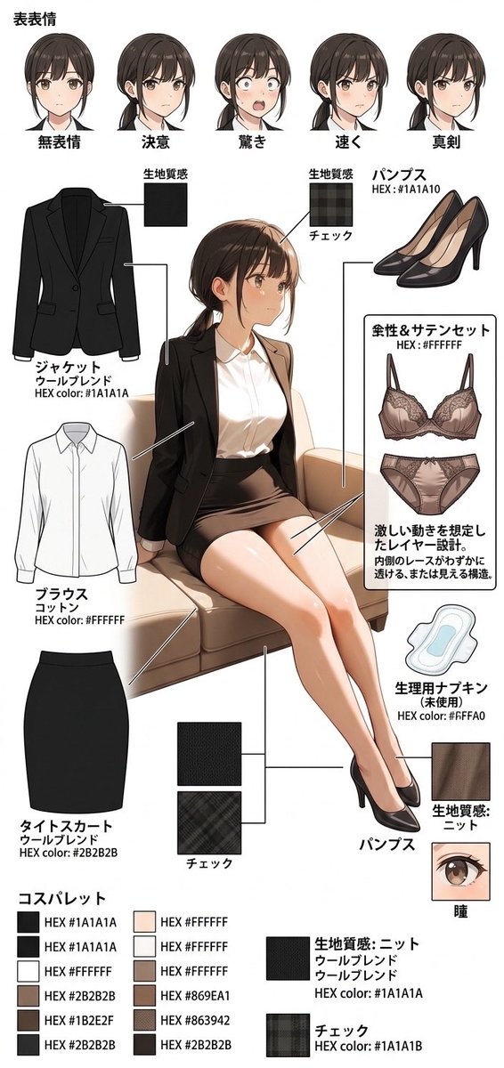 illust_gallery's tweet image. 真面目なOLさんの日常と、彼女の「秘密」。
見えないところまでこだわった、詳細な設定資料です！
コロコロ変わる表情や、衣装の構造、ミニキャラのドタバタ感まで。ぜひ細部まで見てください。
彼女のすべては、続きのリプライで…👇

#AIart #AIイラスト #OL #設定資料