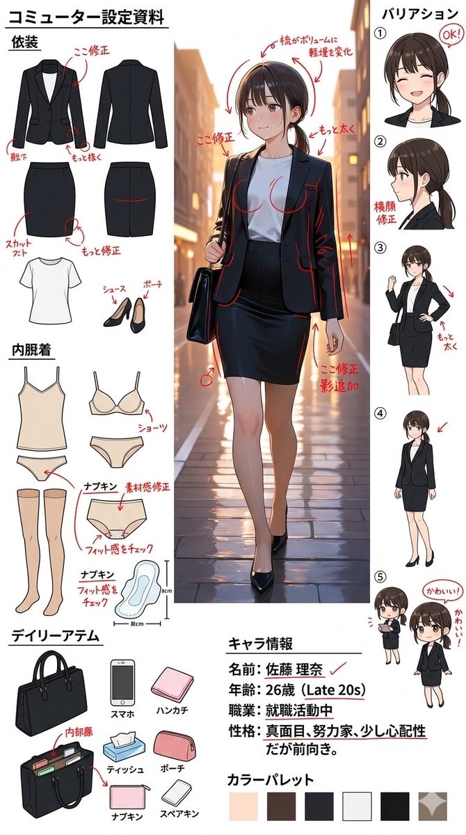 illust_gallery's tweet image. 真面目なOLさんの日常と、彼女の「秘密」。
見えないところまでこだわった、詳細な設定資料です！
コロコロ変わる表情や、衣装の構造、ミニキャラのドタバタ感まで。ぜひ細部まで見てください。
彼女のすべては、続きのリプライで…👇

#AIart #AIイラスト #OL #設定資料