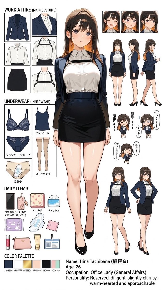 illust_gallery's tweet image. 真面目なOLさんの日常と、彼女の「秘密」。
見えないところまでこだわった、詳細な設定資料です！
コロコロ変わる表情や、衣装の構造、ミニキャラのドタバタ感まで。ぜひ細部まで見てください。
彼女のすべては、続きのリプライで…👇

#AIart #AIイラスト #OL #設定資料